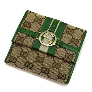Gucci Double Hook Wallet Bifold Canvas Leather Green Brown